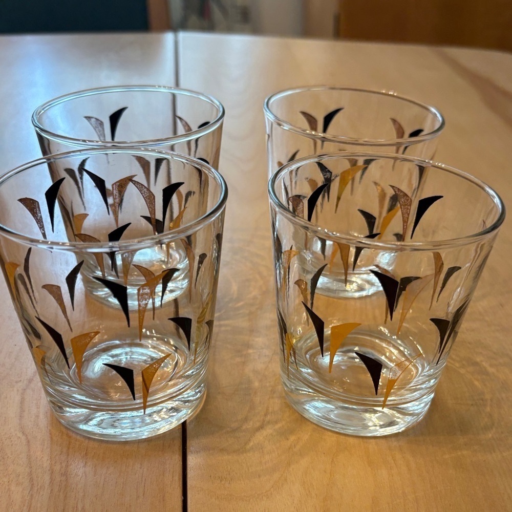 Vintage MCM Black & Gold Atomic Arrow Diamond Glasses. Set of four.